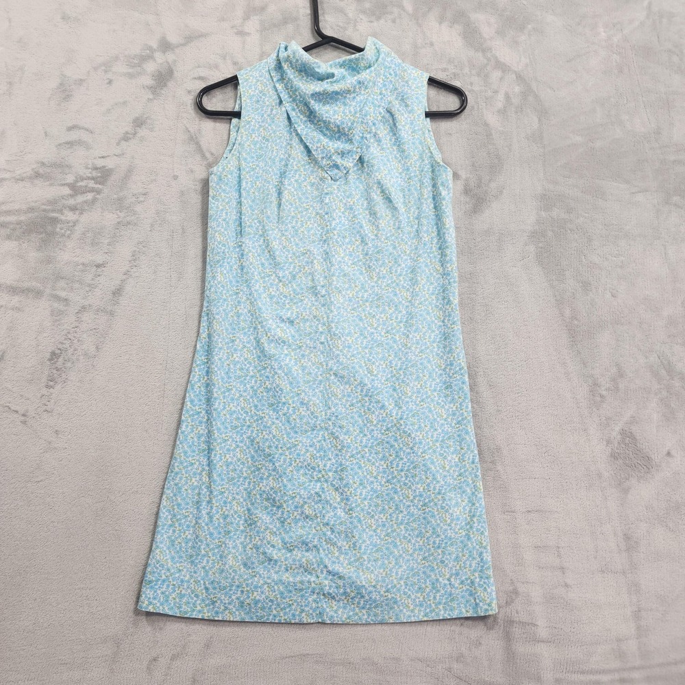 Vintage Dress Womens S Blue Green Ditsy Floral Mini Cowl Neck Sleeveless Shift